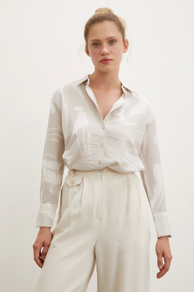 V Yaka Modal  Gömlek Bej - 4