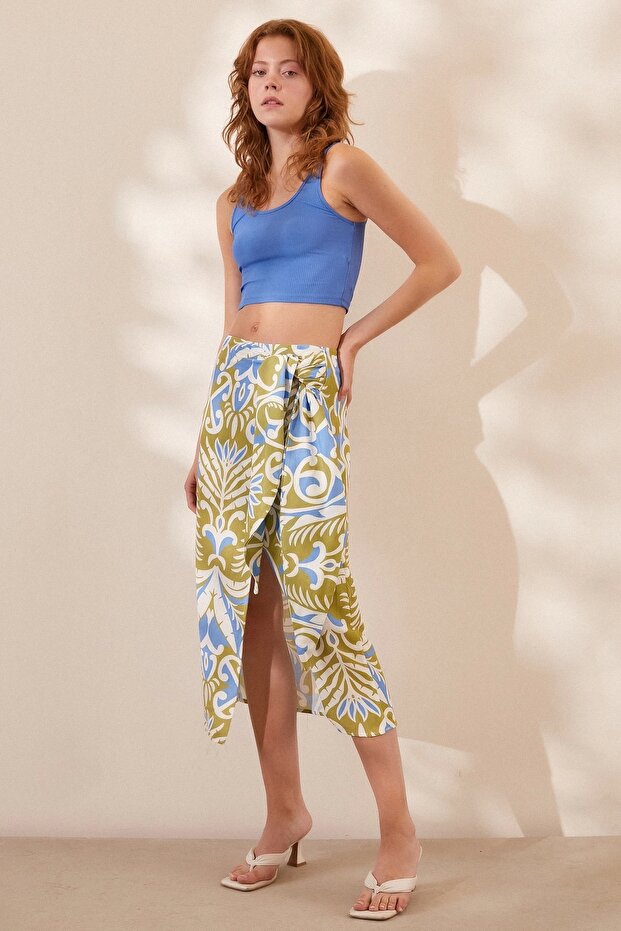 Blue Patterned Slit Skirt - 3