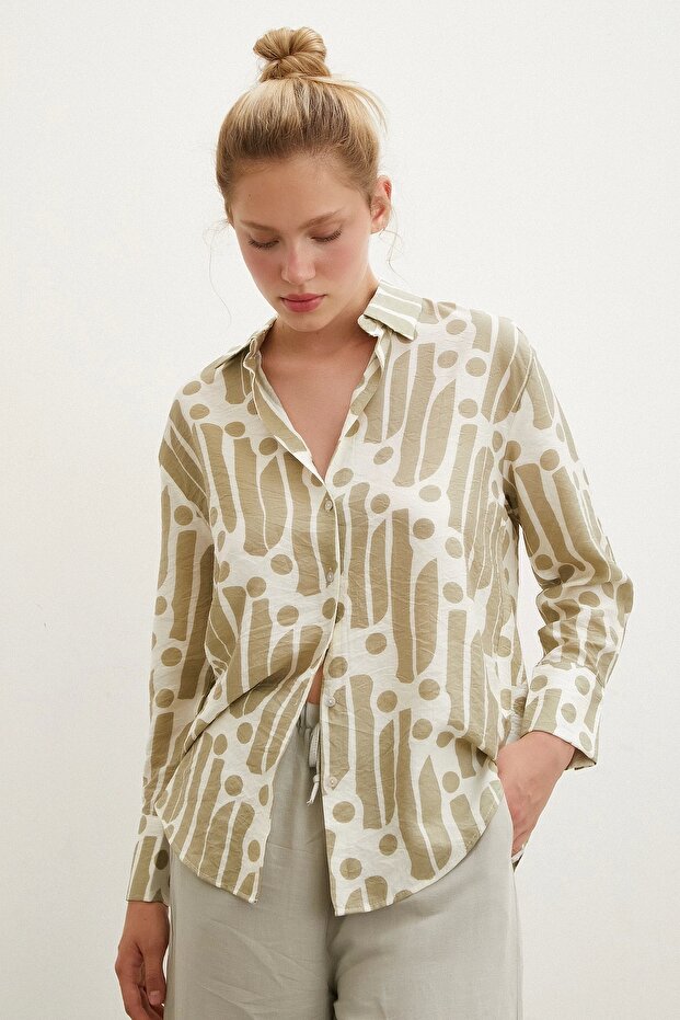 Modern Desen Modal Gömlek Haki - 5