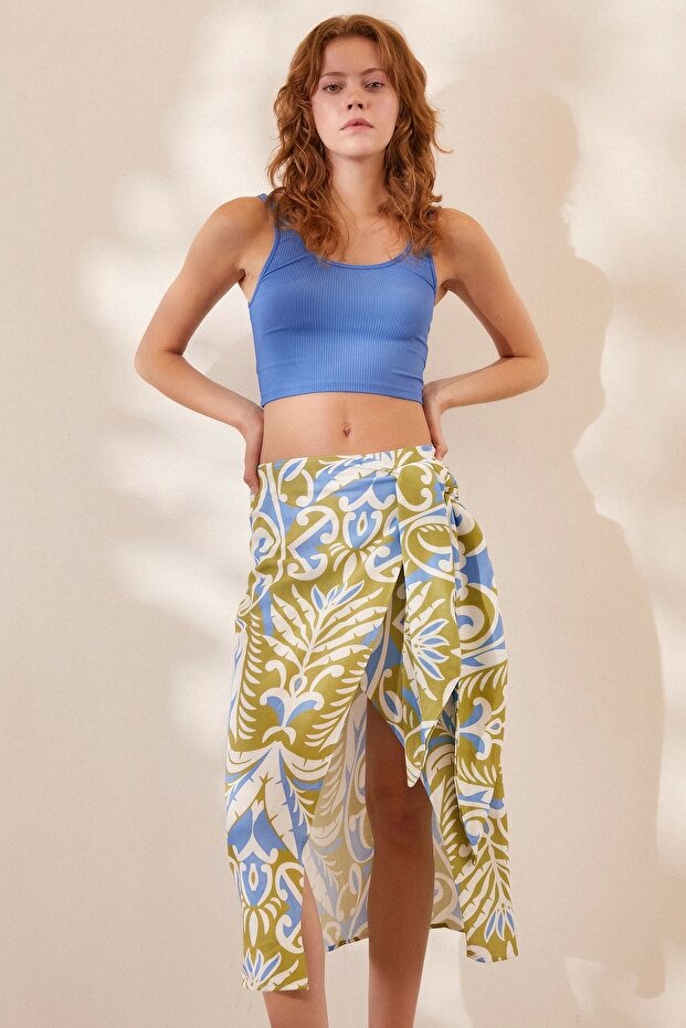 Blue Patterned Slit Skirt - 1