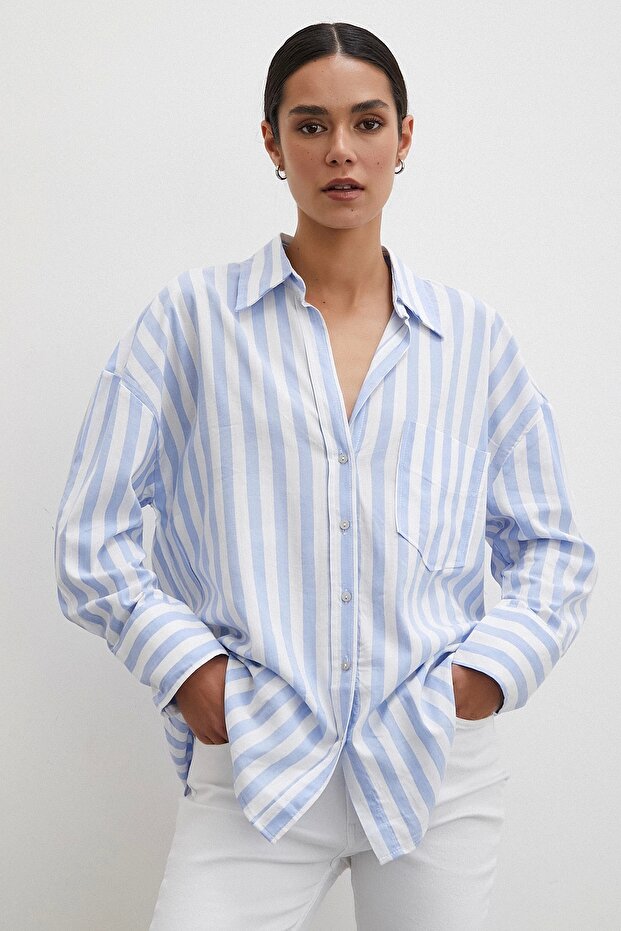 Oversize Cepli Keten Gömlek Mavi - 1