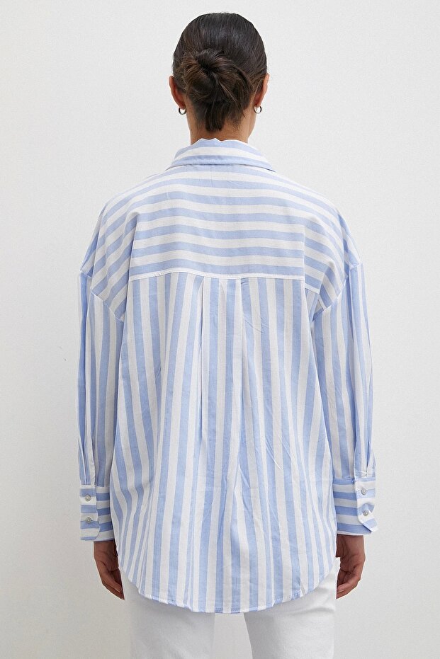 Oversize Cepli Keten Gömlek Mavi - 4