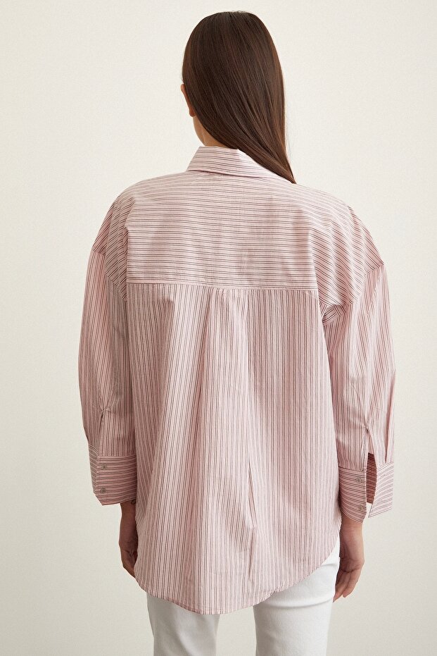 Oversize Çizgili Gömlek Pembe - 6