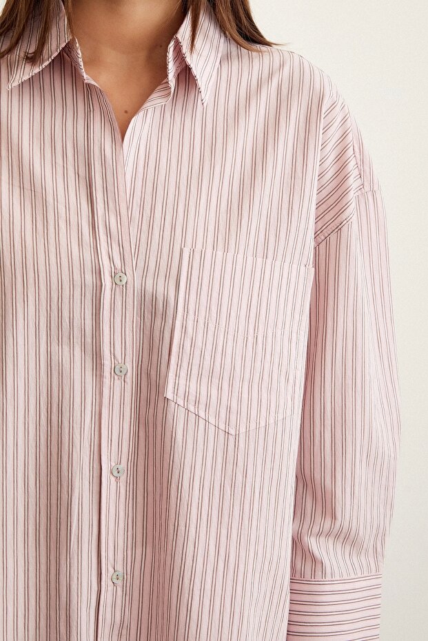 Oversize Çizgili Gömlek Pembe - 5