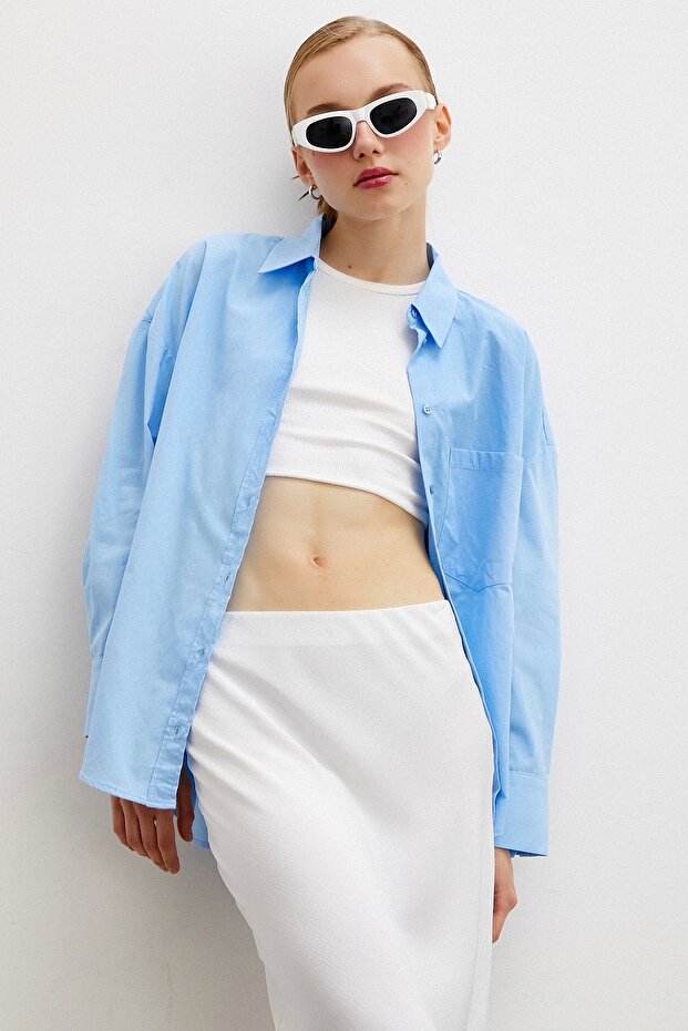 Regular Fit Poplin Gömlek Açık Mavi - 4