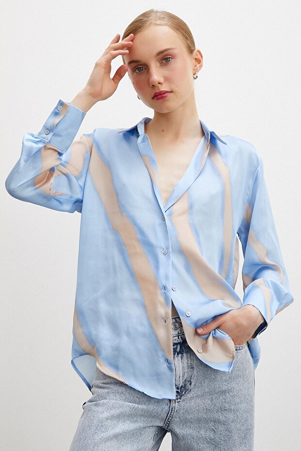 Patterned V-Neck Satin Shirt Blue