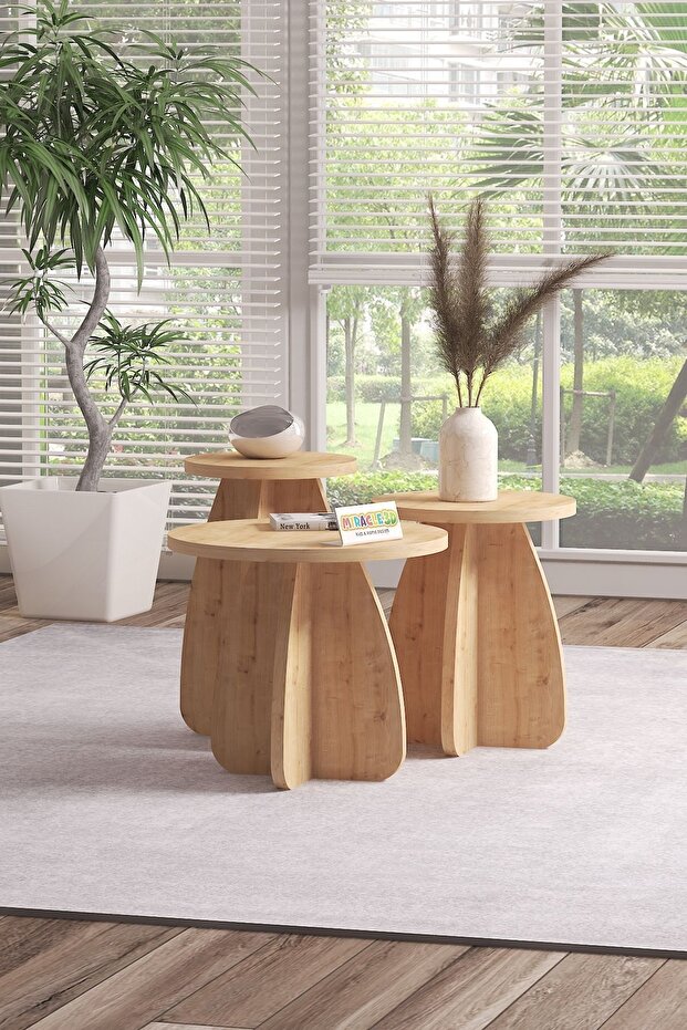 Mantar 3 Lü Zigon Sehpa Bal Meşe - 3