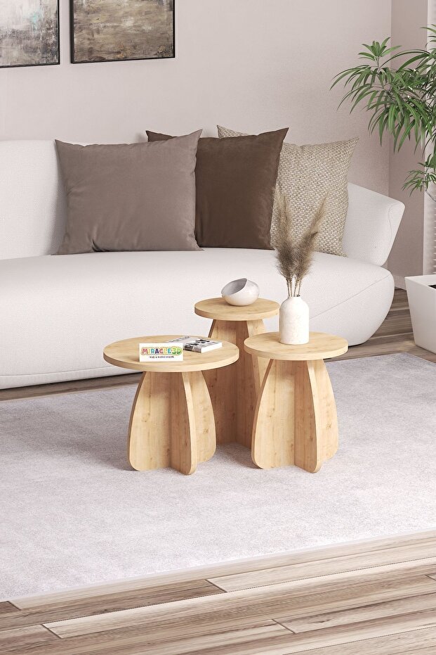 Mantar 3 Lü Zigon Sehpa Bal Meşe - 2