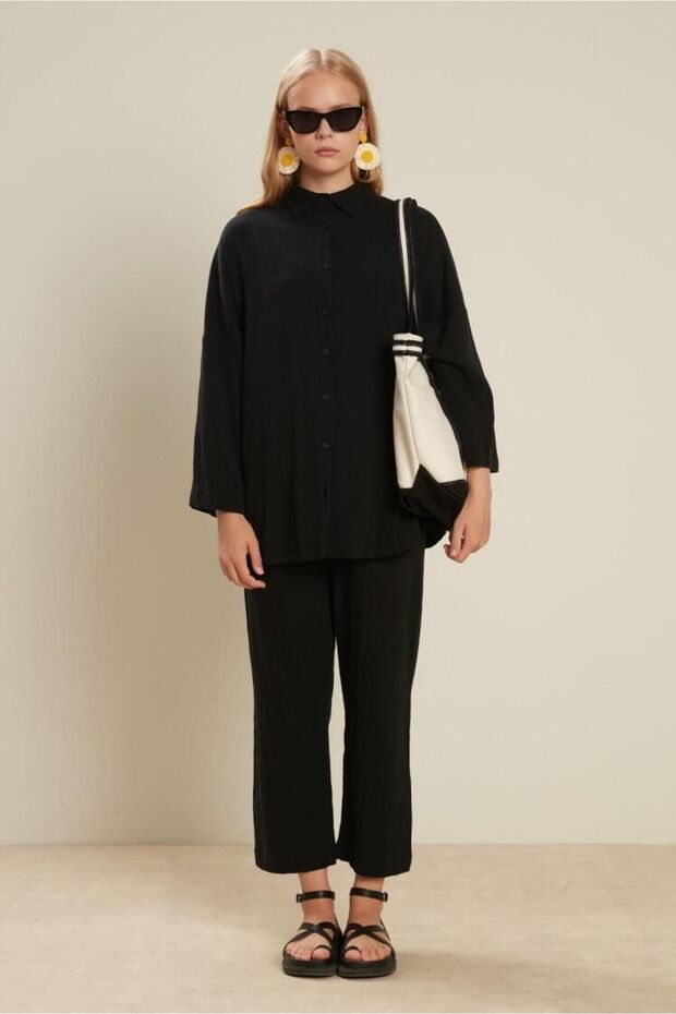 BAWEŁNIANE SPODNIE Z KREMEM CZARNE - 1