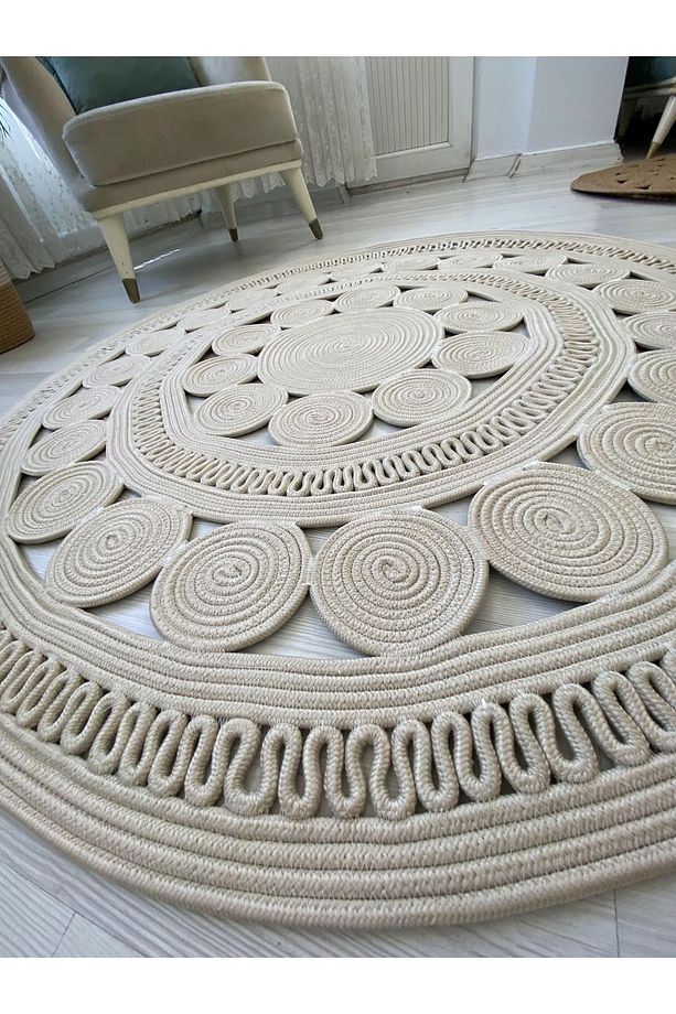 jüt Hasır görünümlü Desenli Modern El Örgüsü daire Halı Kilim - 4