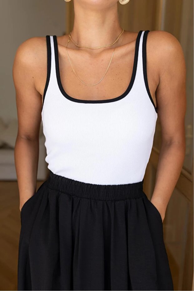 Black Thin Strap Blouse - Piping Detail
