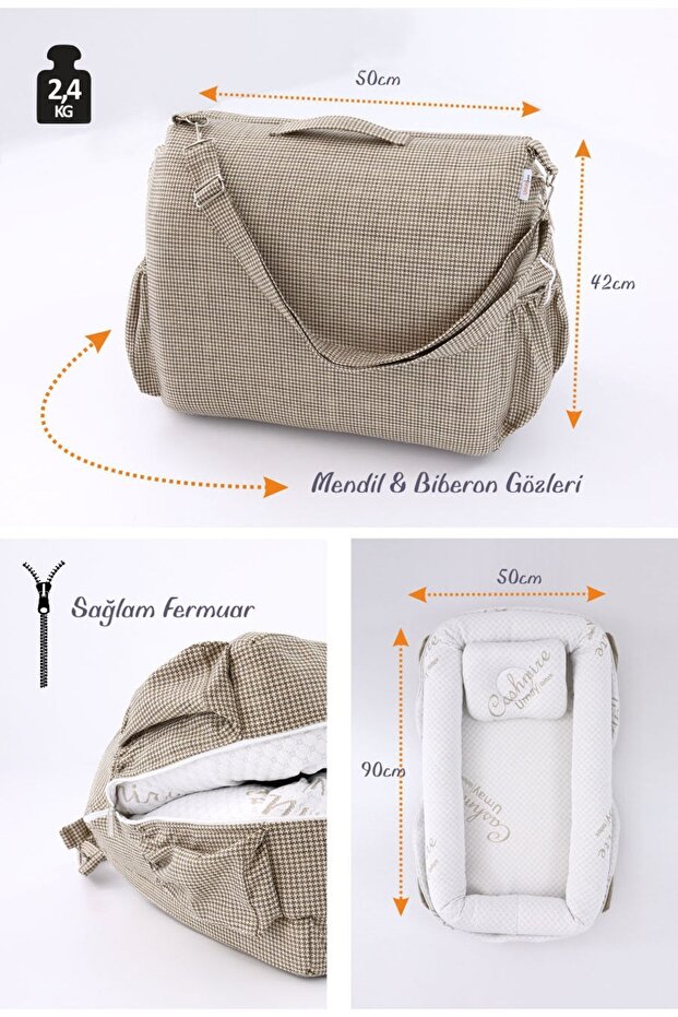 Umay Çantalı Taşınabilir Reflü Yatağı, Babynest, Anne Çantası - Dokuma Kahve - 3