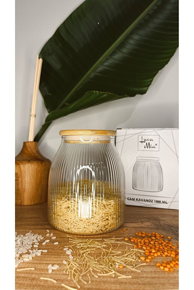 Striped Glass Jar with Bamboo Lid 1000 ml