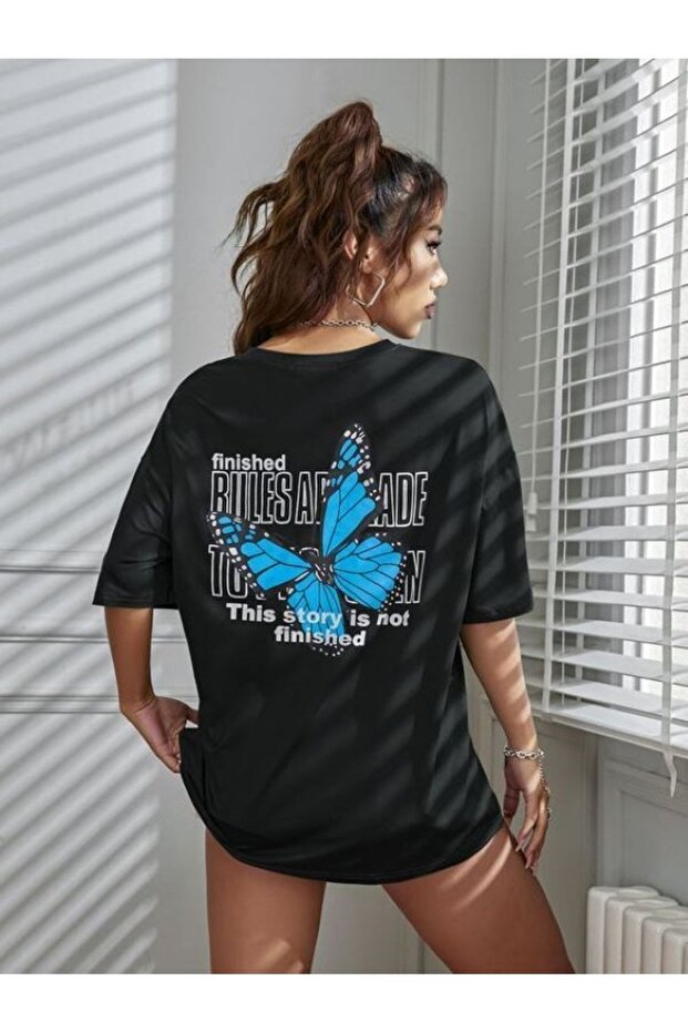 Women's Black Back Butterfly Printed Oversize Tshirt