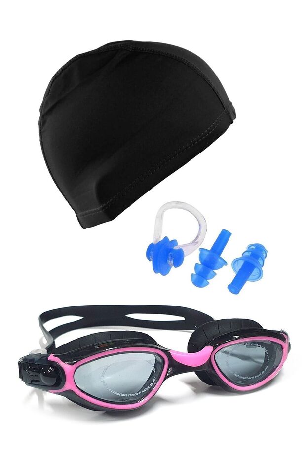 Pro Silicone Swimming Goggles and Lycra Bonnet Earplugs and Nose Clip Set Pool Set Full Set