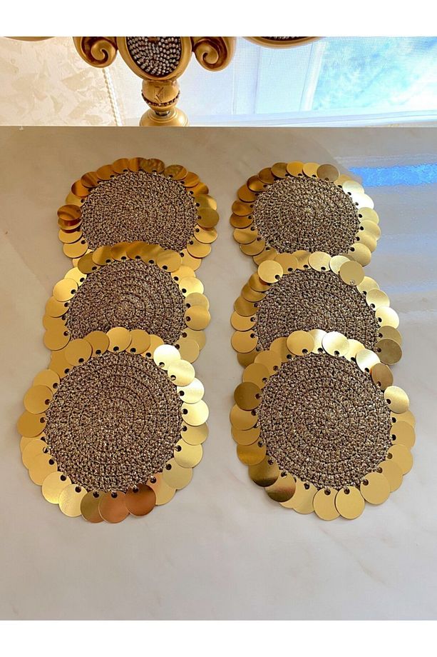 Gold Simli Ip, Gold Sarı Pullu Bardak Altı Peçetesi 6 .lı 6 Adet - 1
