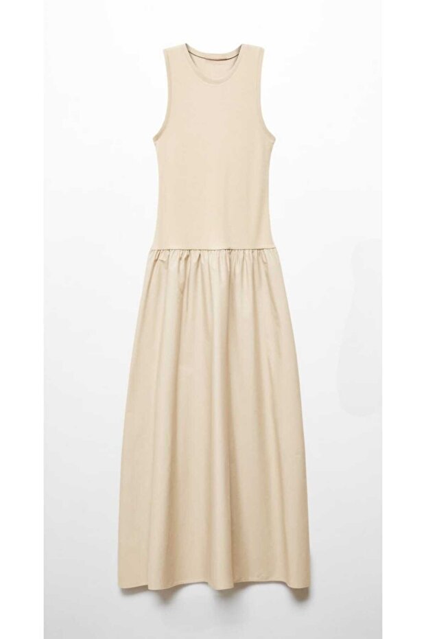 Women's A-Line Maxi Beige Linen Look Flared Dress with Skirt