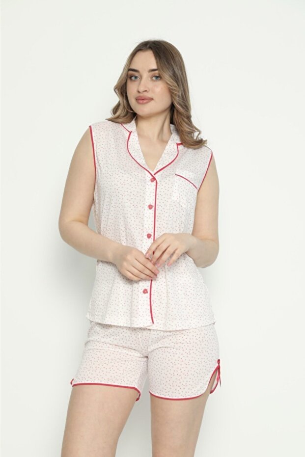 Women's White Front Buttoned Sleeveless Shirt Collar Summer Pajama Set with Shorts