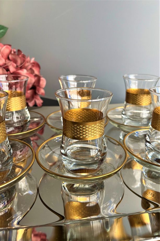 Hasır Desen İşlemeli Gold 12 Parça Çay Seti 100cc - 3