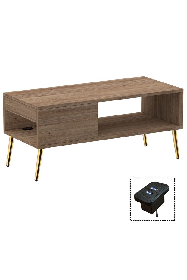 Modern Coffee Table with USB Port & Storage Shelf - Truffle Davos Oak, Ideal for Any Room
