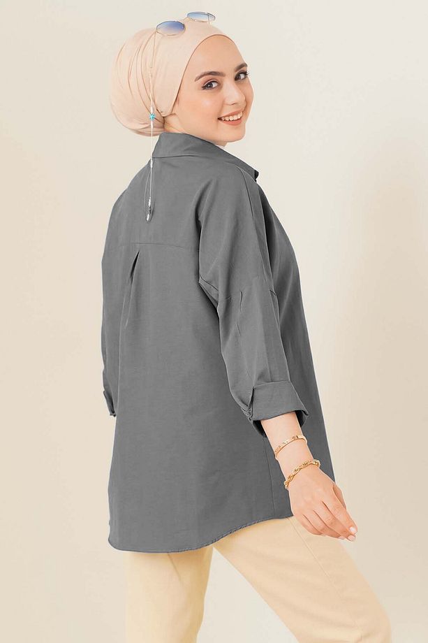 103901 Oversize Basic Tesettür Gömlek - Gri - 3