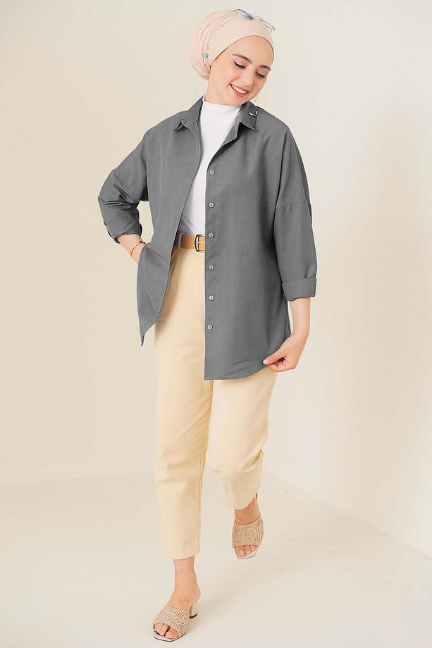 103901 Oversize Basic Tesettür Gömlek - Gri - 2