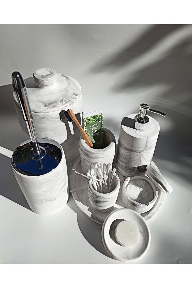Marble Look Bathroom Set Trash Can, Toilet Brush, Tray, Soap Dish, Cotton Holder, Faucet Holder
