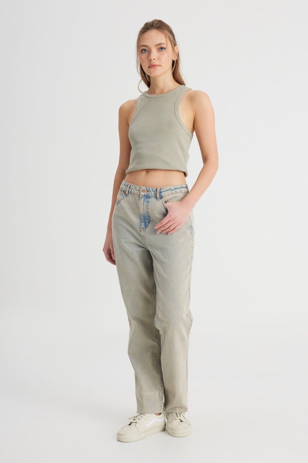 Regular Fit Regular Cut High Waist Straight Leg 100% Cotton Wild West Stone Color Jean Jeans