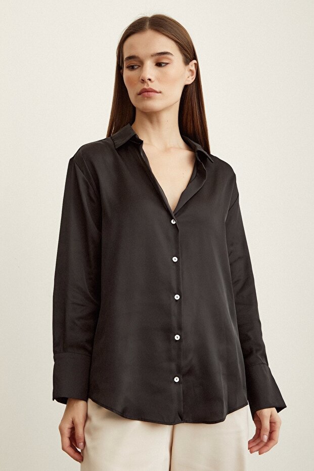 Basic Saten Gömlek Siyah - 1