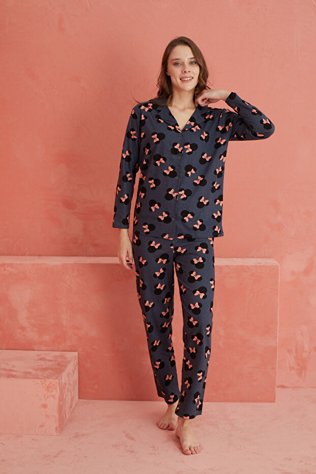 Füme Kurdele Desenli Uzun Kollu Örme Önden Düğmeli Pijama Takımı - 2