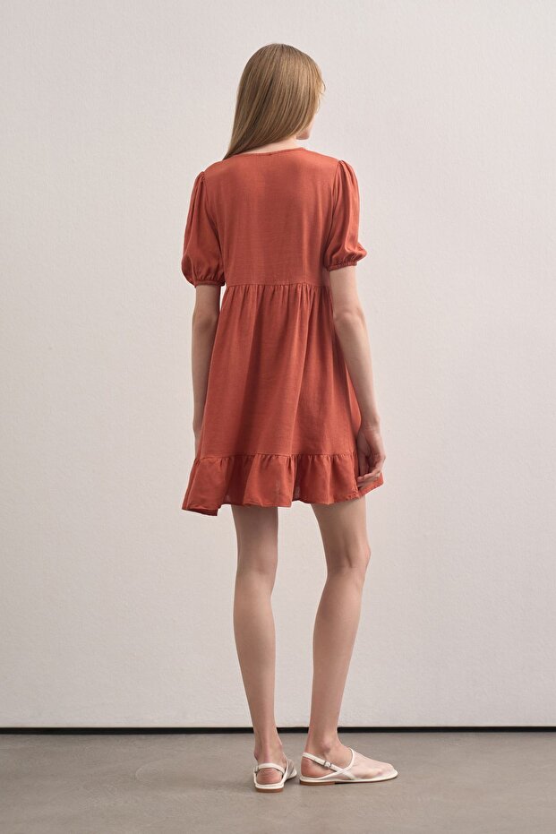 Kadın V Yaka Linen Elbise - 4