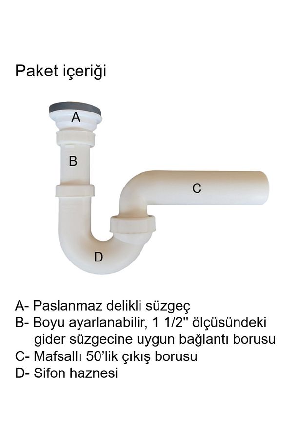 Koku önleyici lavabo sifonu evye Sifonu 100/0 delikli süzgeçli, kokusuz mafsallı 50'lik çıkış borulu - 4