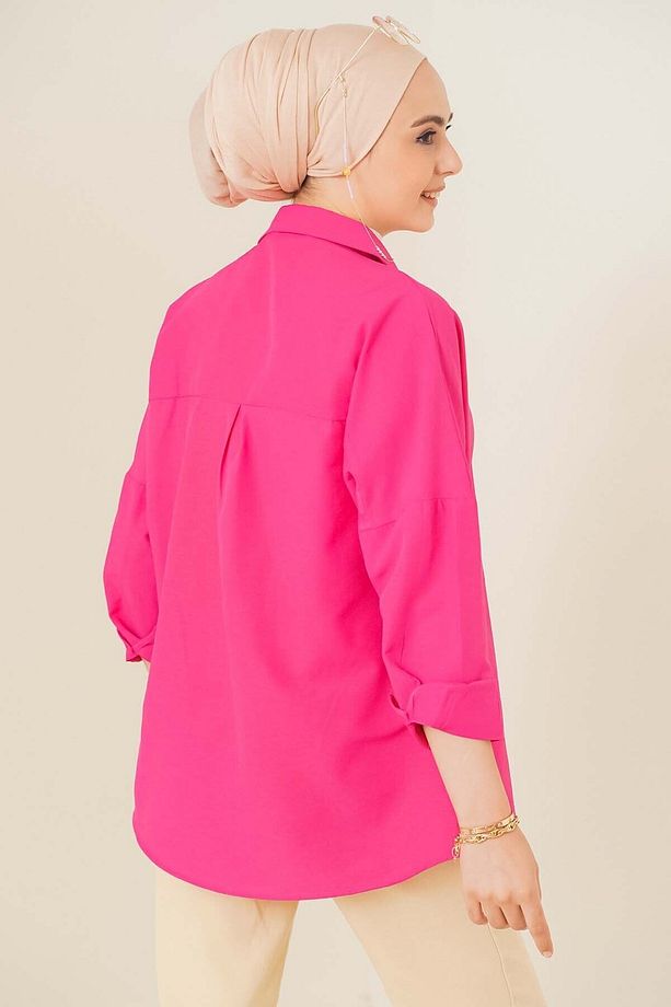 103901 Oversize Basic Tesettür Gömlek - Koyu Pembe - 3