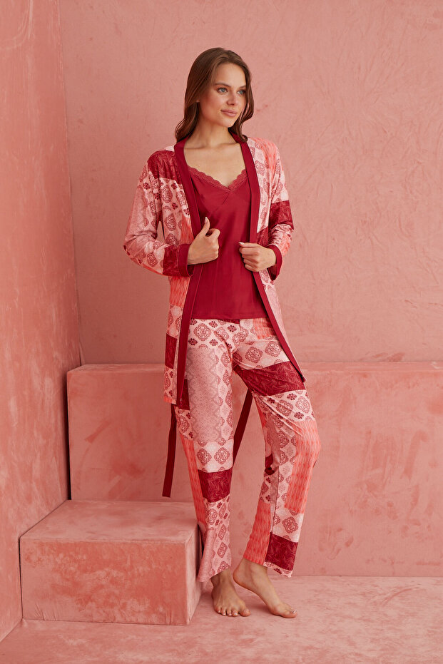 Bordo Batik Desenli Exclusive Örme Sabahlıklı Pijama Takımı - 2