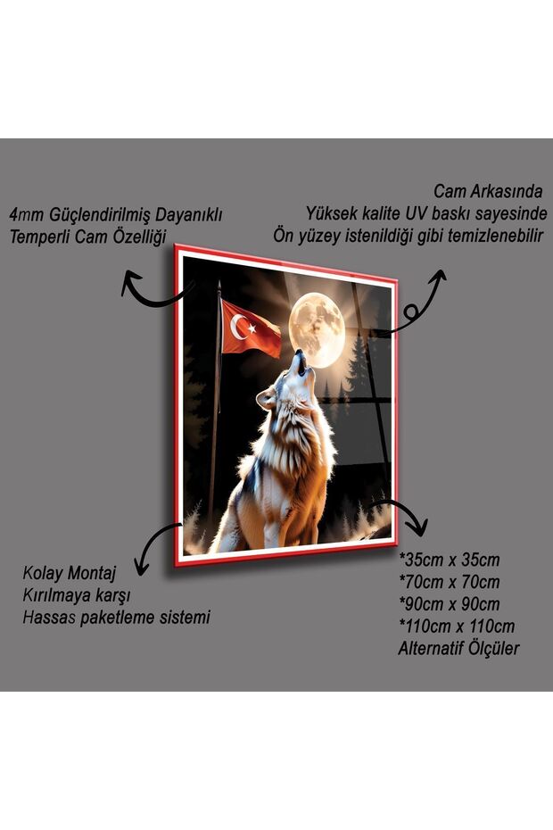 Türk Bayrağı Ve Kurt, Temperli Cam , Milli Cam Tablolar ,MDF ile Güçlendirilmiş Tablolar - 5