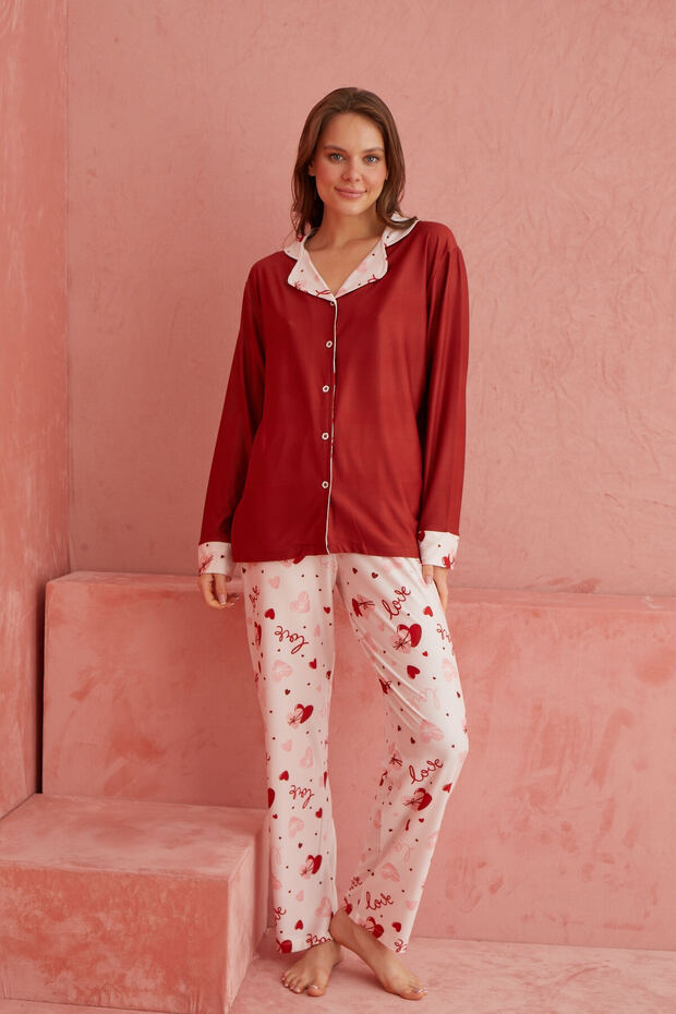 Bordo Kalp Desenli Önden Düğmeli Uzun Kollu Örme Pijama Takımı - 2
