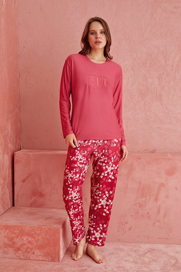 Bordo Elt Çiçek Desenli Uzun Kollu Örme  Pijama Takımı - 2