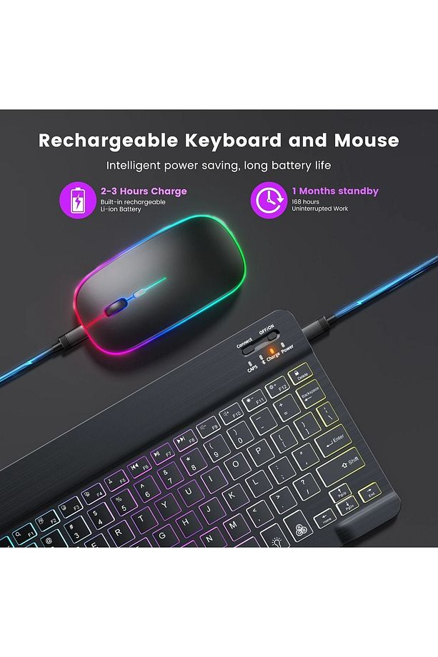 Mini RGB Klavye Ve Mouse Set Tablet Telefon Laptop Uyumlu Bluetooth Destekli Uzun Şarj Süreli - 3
