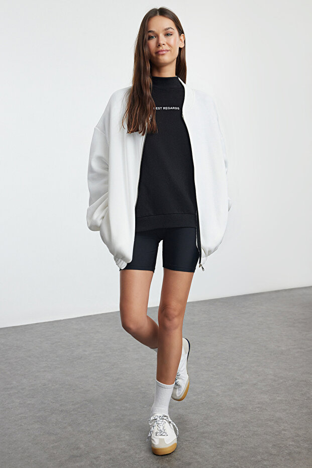Ekru Fermuarlı Oversize/Geniş Kalıp Kalın İçi Polarlı Örme Sweatshirt TWOAW25SW00122 - 2