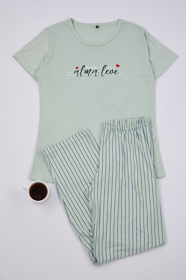 Mint Slogan Baskılı Çizgili Örme Pijama Takımı THMSS24PT00251 - 1