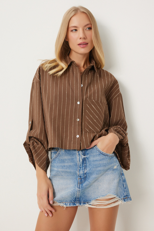 Women's Brown Pinstripe Crop Linen Shirt Dm00140