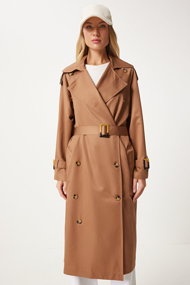 Brauner Saison-Trenchcoat – mit Schnalle und Gürtel, FN03292 - 5