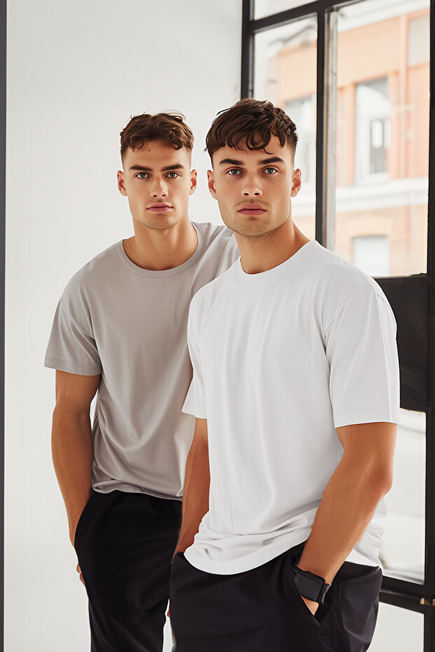 Gri-Beyaz Basic Slim Fit/Dar Kesim %100 Pamuklu 2'li Paket Kısa Kollu T-Shirt TMNSS19BO0075 - 1