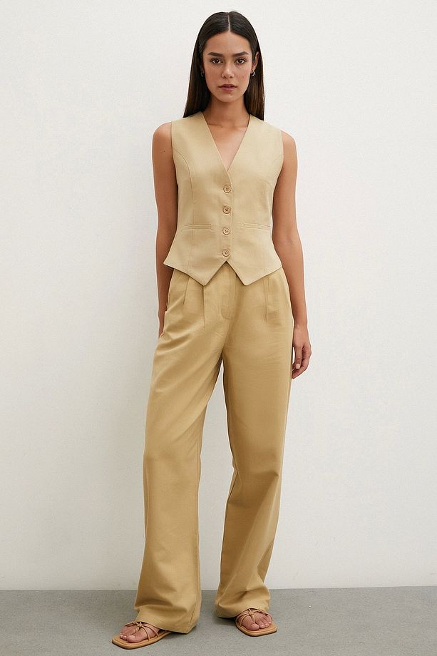 Boru Paça Yüksek Bel Keten Pantolon Camel - 3