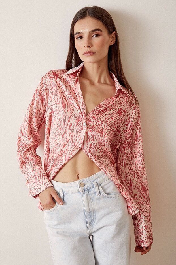 V-Neck Patterned Satin Shirt - 6