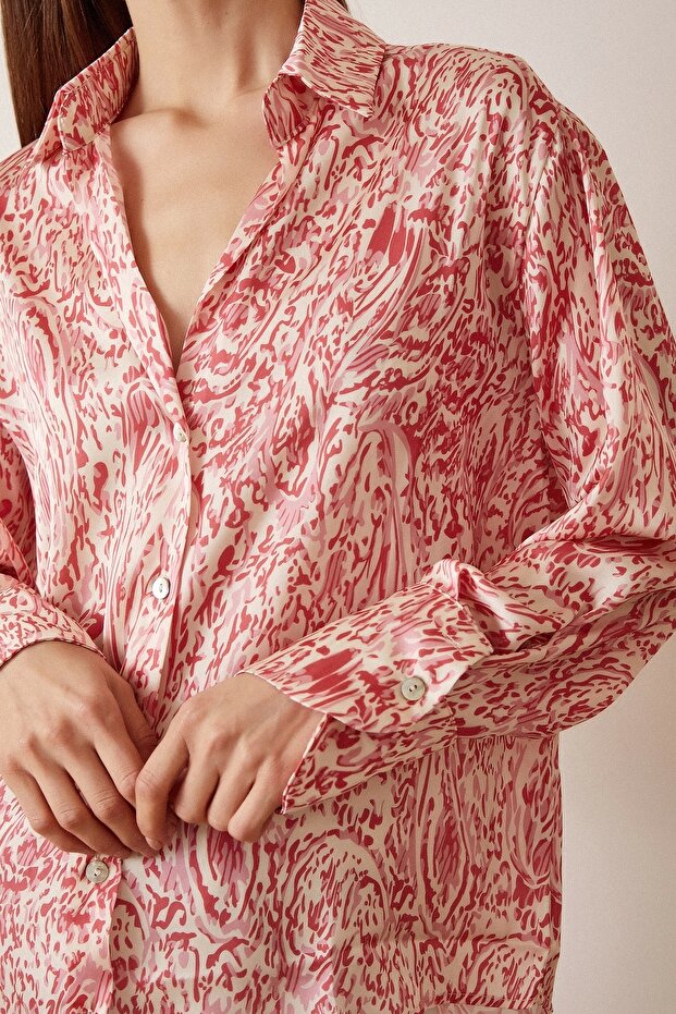 V-Neck Patterned Satin Shirt - 5