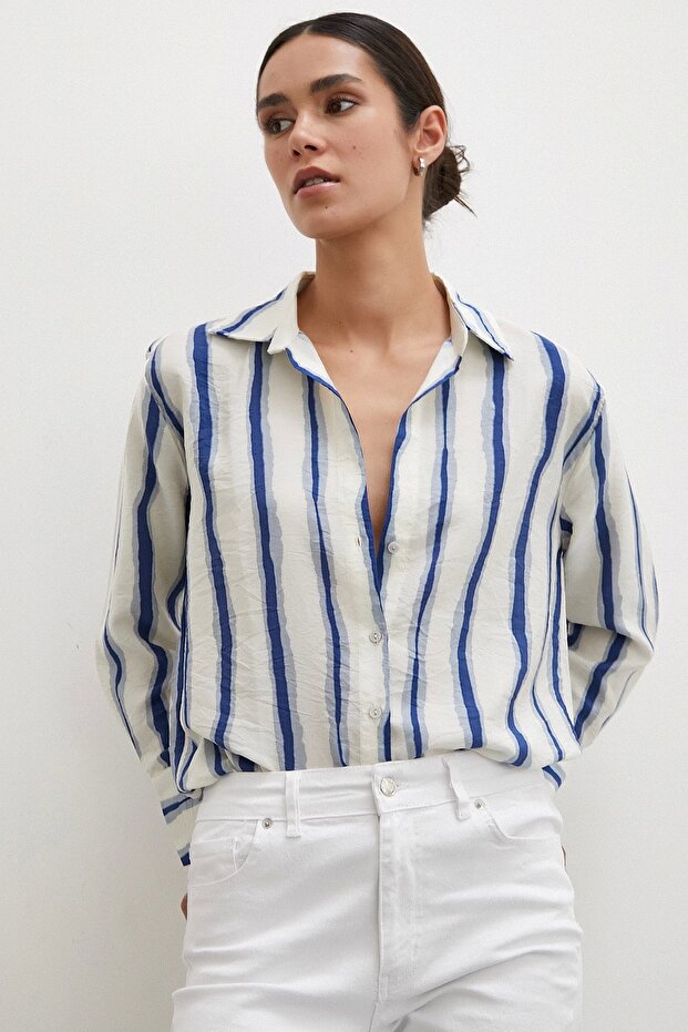 Bambu Çizgili Gömlek Lacivert - 1