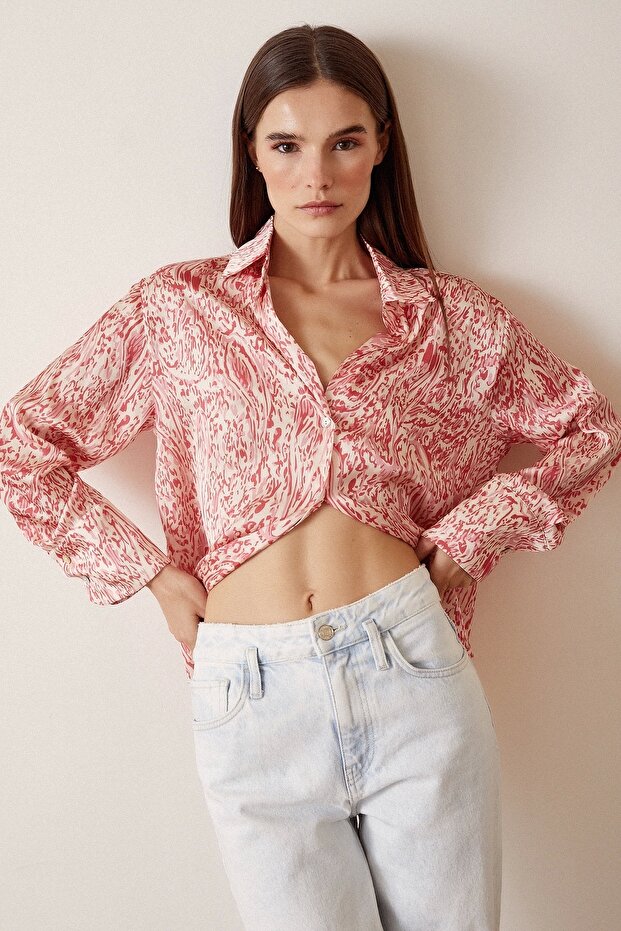 V-Neck Patterned Satin Shirt - 3