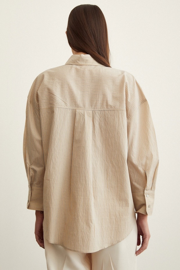 Çizgili Oversize Gömlek Bej - 6