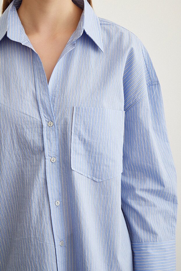 Çizgili Oversize Gömlek Mavi - 3